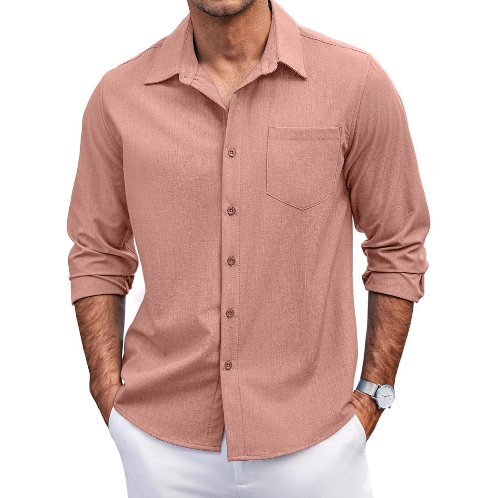 imageCOOFANDY Mens Casual Button Down Shirts Long Sleeve Untucked Shirts Regular Fit Linen ShirtPink