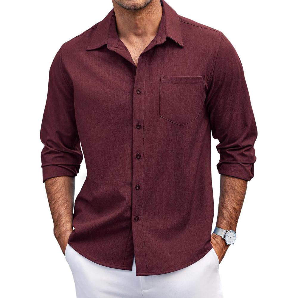 imageCOOFANDY Mens Casual Button Down Shirts Long Sleeve Untucked Shirts Regular Fit Linen ShirtRed