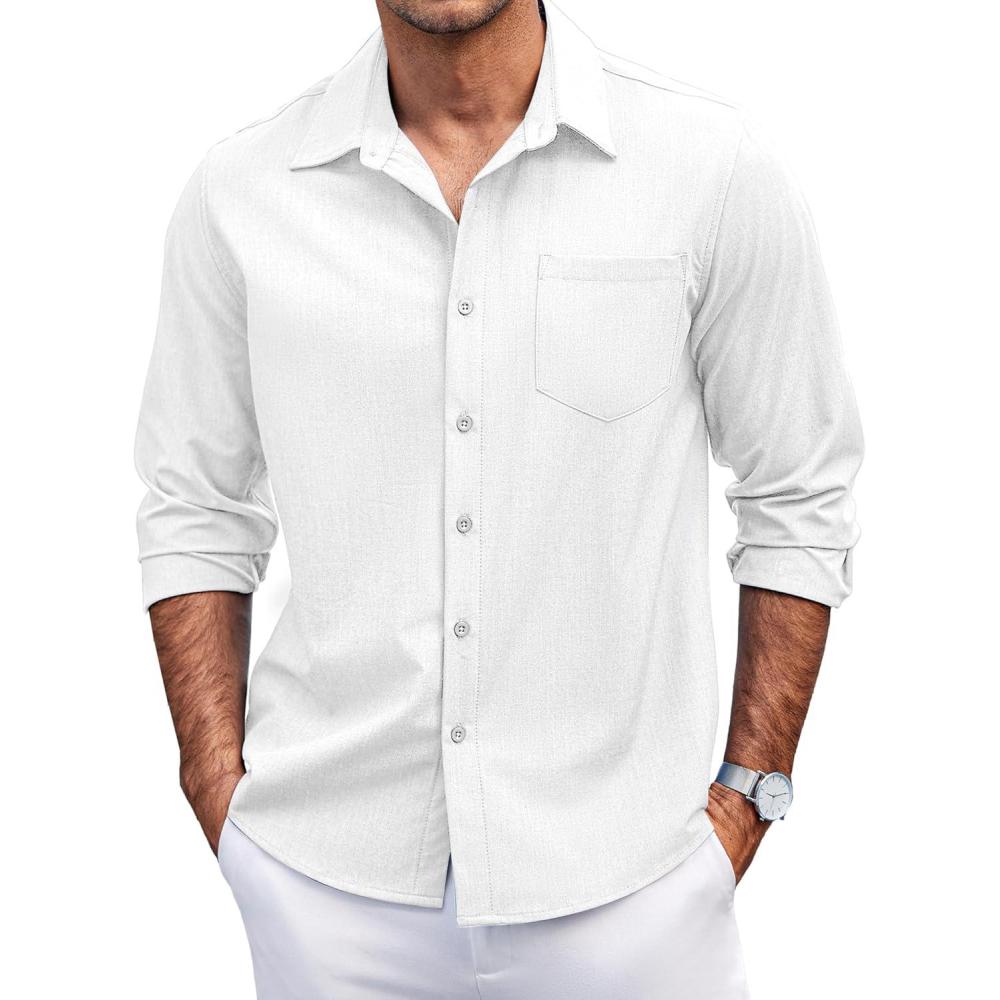 imageCOOFANDY Mens Casual Button Down Shirts Long Sleeve Untucked Shirts Regular Fit Linen ShirtWhite