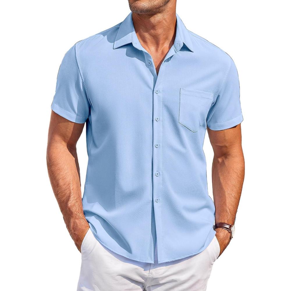 imageCOOFANDY Mens Casual Button Down Shirts Short Sleeve Summer Beach Vacation Untucked Dress Shirts with PocketBlue