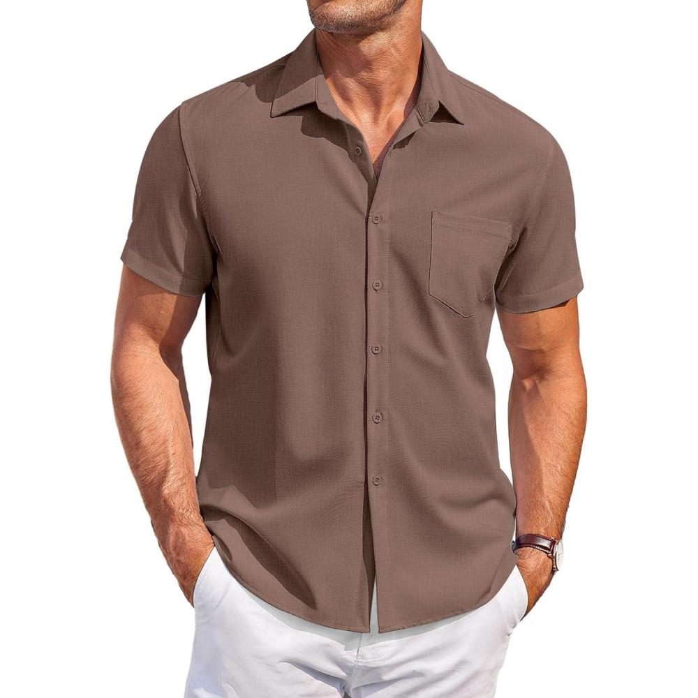 imageCOOFANDY Mens Casual Button Down Shirts Short Sleeve Summer Beach Vacation Untucked Dress Shirts with PocketBrown