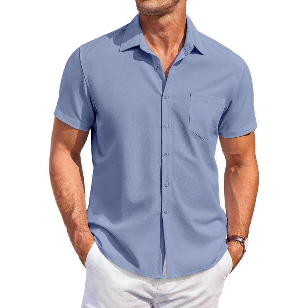 imageCOOFANDY Mens Casual Button Down Shirts Short Sleeve Summer Beach Vacation Untucked Dress Shirts with PocketDark Blue