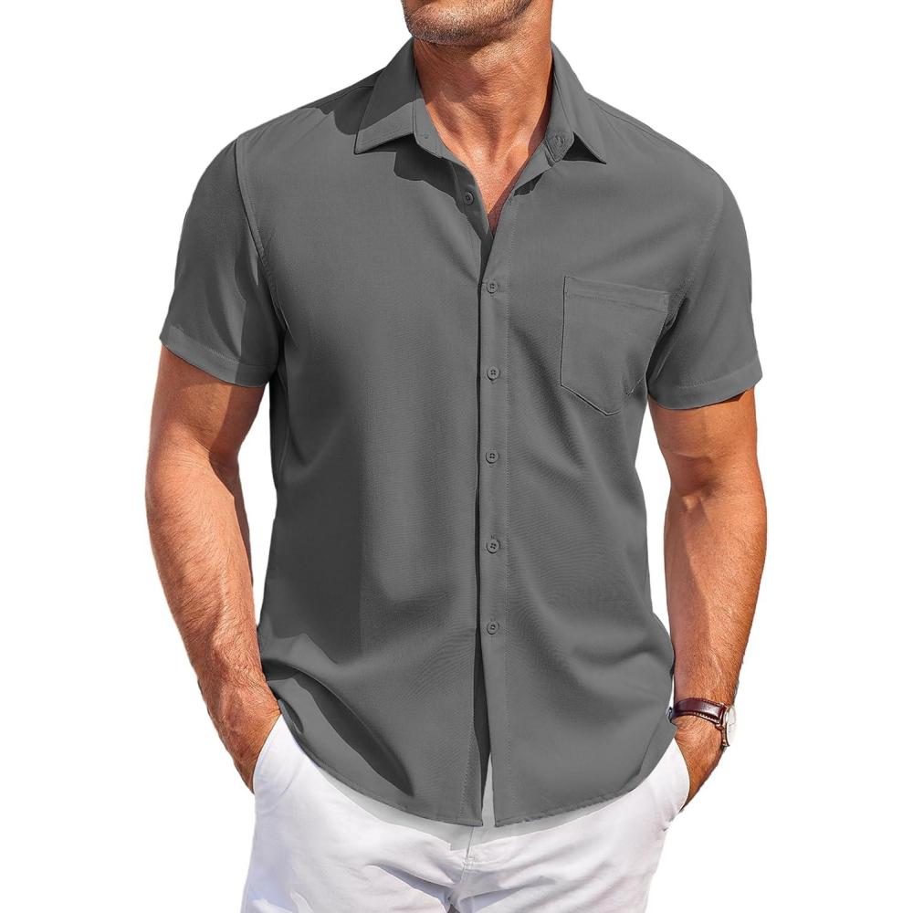 imageCOOFANDY Mens Casual Button Down Shirts Short Sleeve Summer Beach Vacation Untucked Dress Shirts with PocketDark Gray