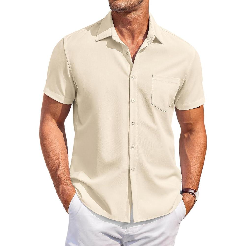 imageCOOFANDY Mens Casual Button Down Shirts Short Sleeve Summer Beach Vacation Untucked Dress Shirts with PocketKhaki