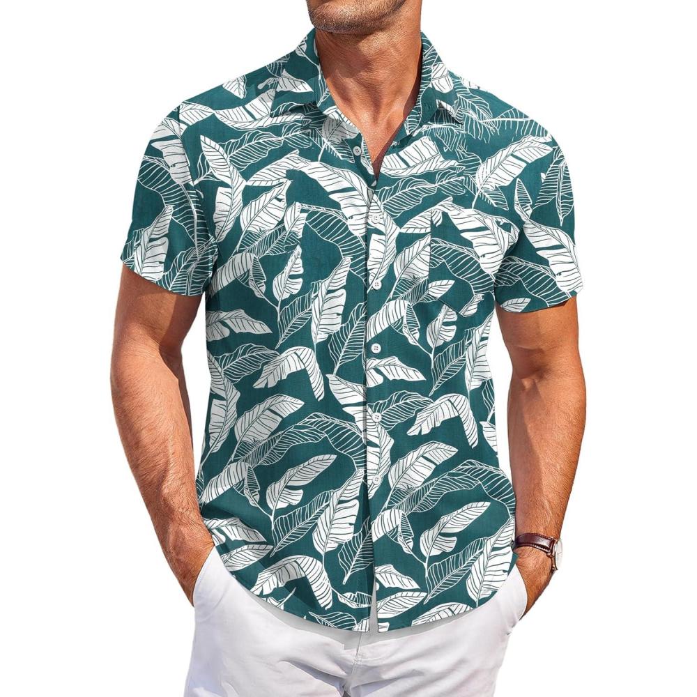 imageCOOFANDY Mens Casual Button Down Shirts Short Sleeve Summer Beach Vacation Untucked Dress Shirts with PocketLeafdeep Green