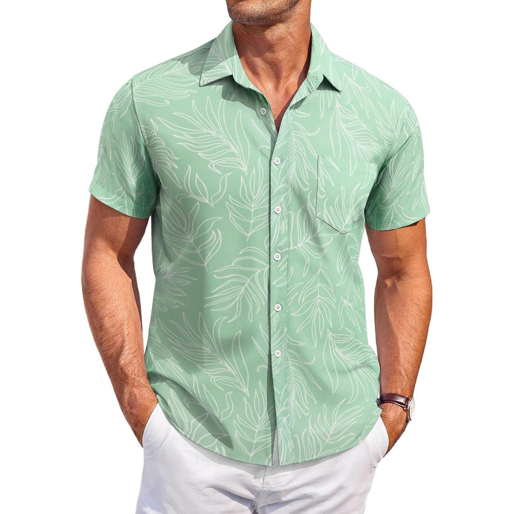 imageCOOFANDY Mens Casual Button Down Shirts Short Sleeve Summer Beach Vacation Untucked Dress Shirts with PocketLeafgreen