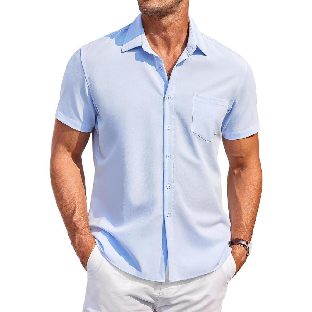 imageCOOFANDY Mens Casual Button Down Shirts Short Sleeve Summer Beach Vacation Untucked Dress Shirts with PocketLight Blue