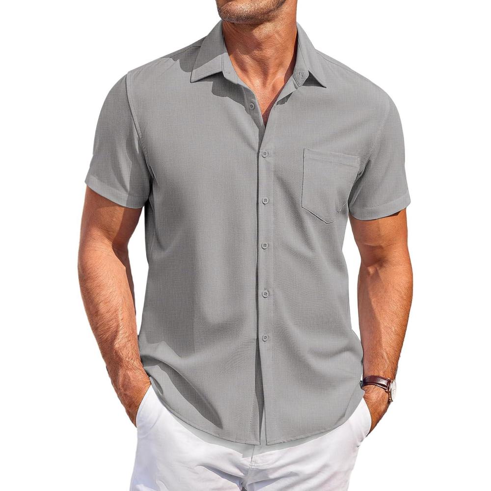 imageCOOFANDY Mens Casual Button Down Shirts Short Sleeve Summer Beach Vacation Untucked Dress Shirts with PocketLight Grey