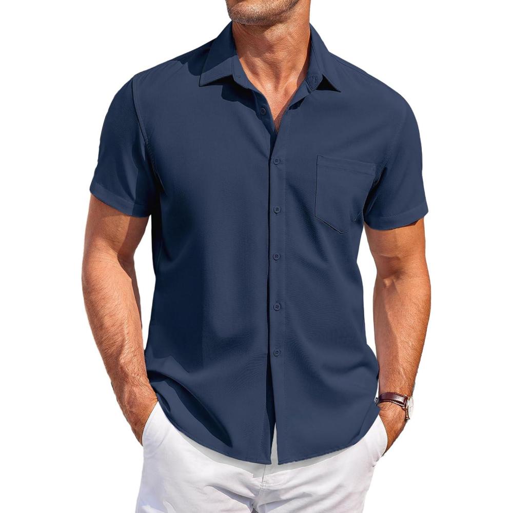 imageCOOFANDY Mens Casual Button Down Shirts Short Sleeve Summer Beach Vacation Untucked Dress Shirts with PocketNavy Blue