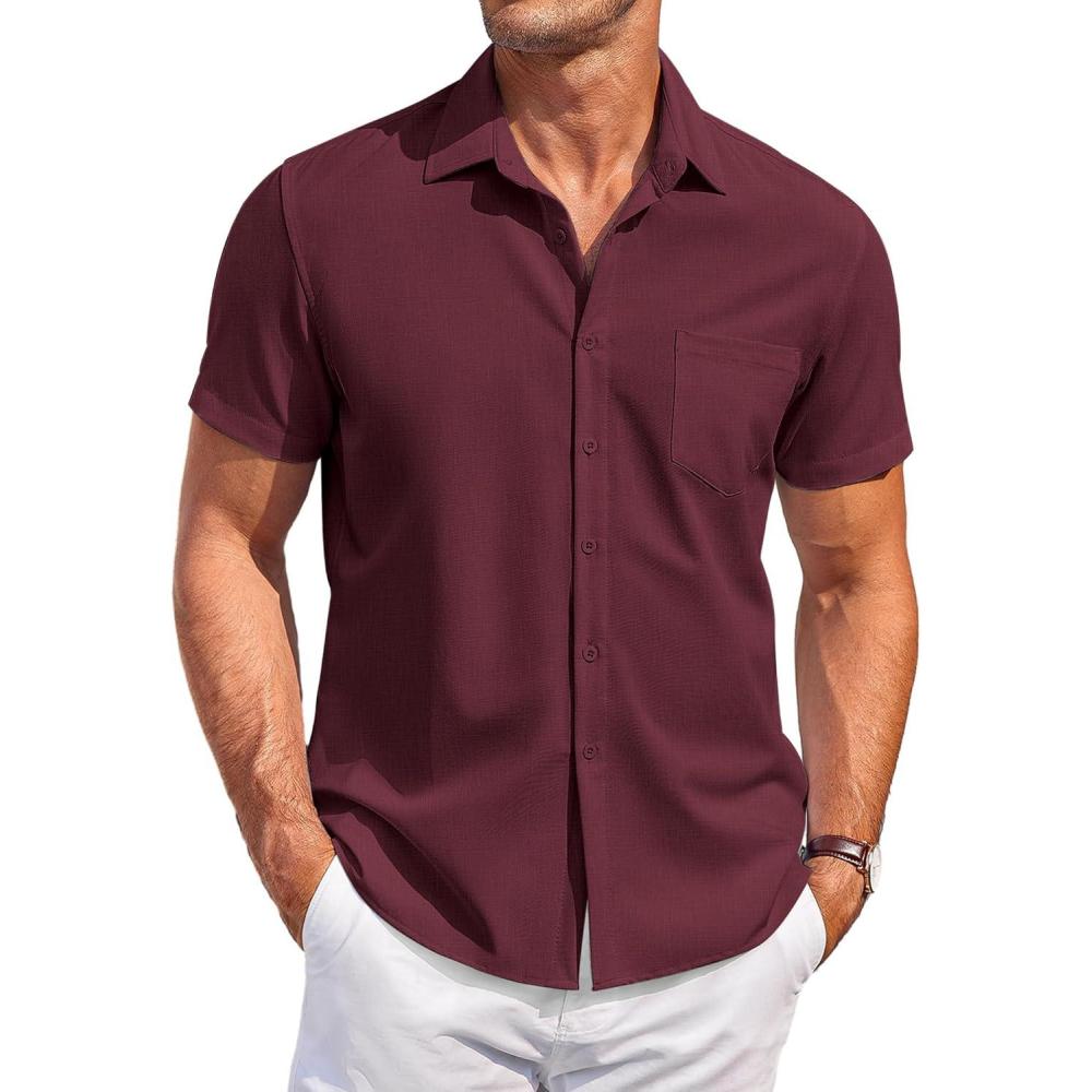 imageCOOFANDY Mens Casual Button Down Shirts Short Sleeve Summer Beach Vacation Untucked Dress Shirts with PocketRed