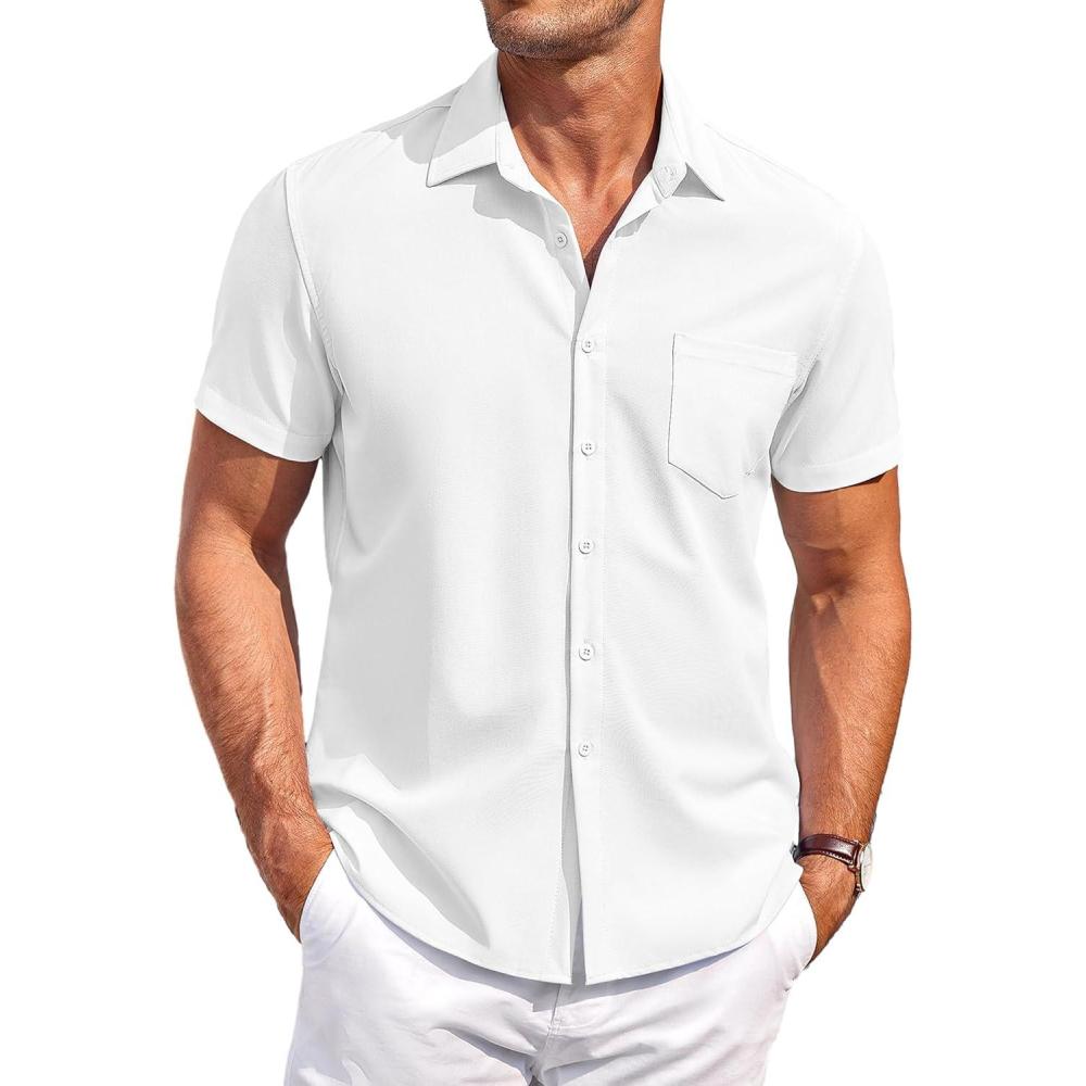 imageCOOFANDY Mens Casual Button Down Shirts Short Sleeve Summer Beach Vacation Untucked Dress Shirts with PocketWhite