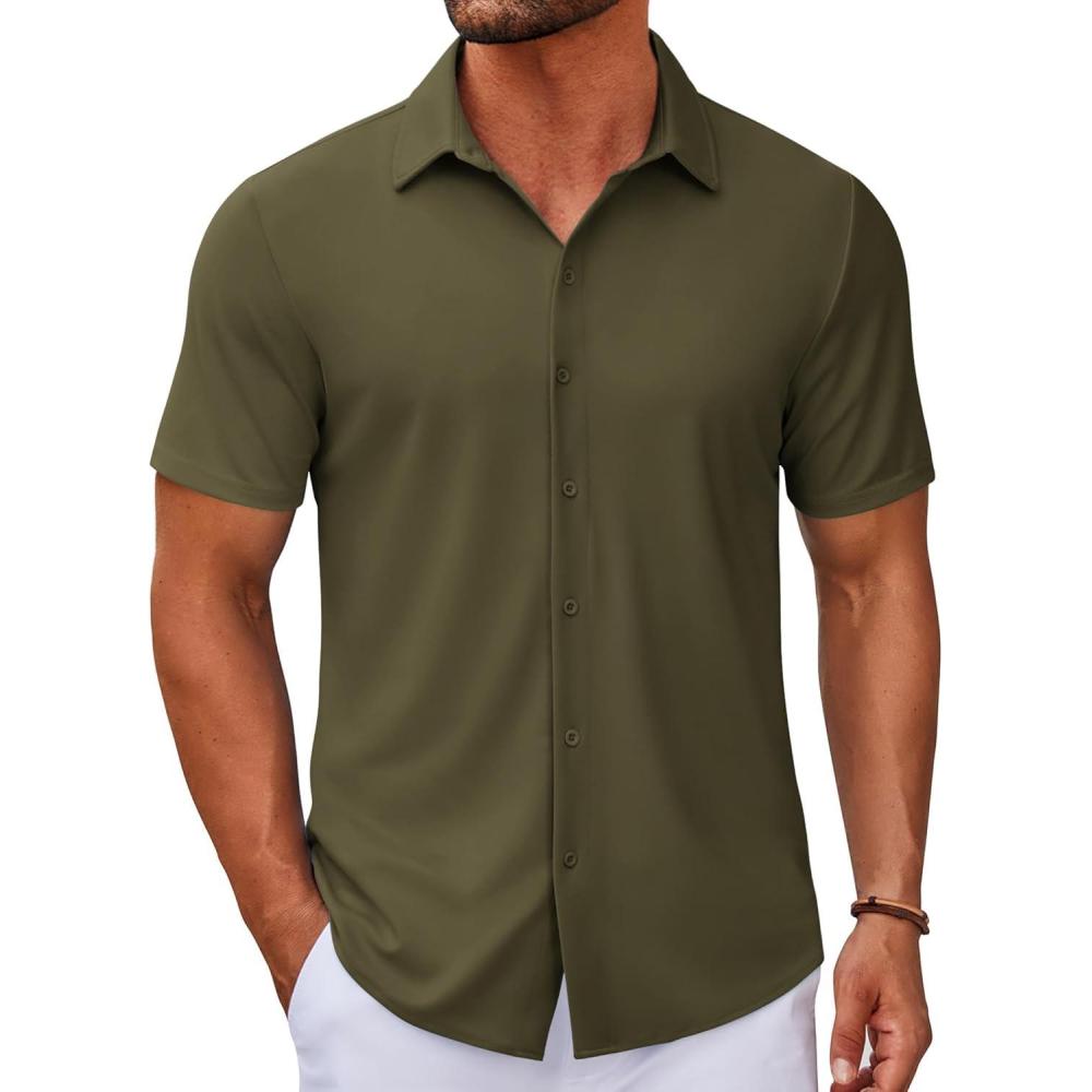 imageCOOFANDY Mens Casual Button Down Short Sleeve Shirts Untucked Wrinkle Free Shirt Stretch Dress ShirtsArmy Green