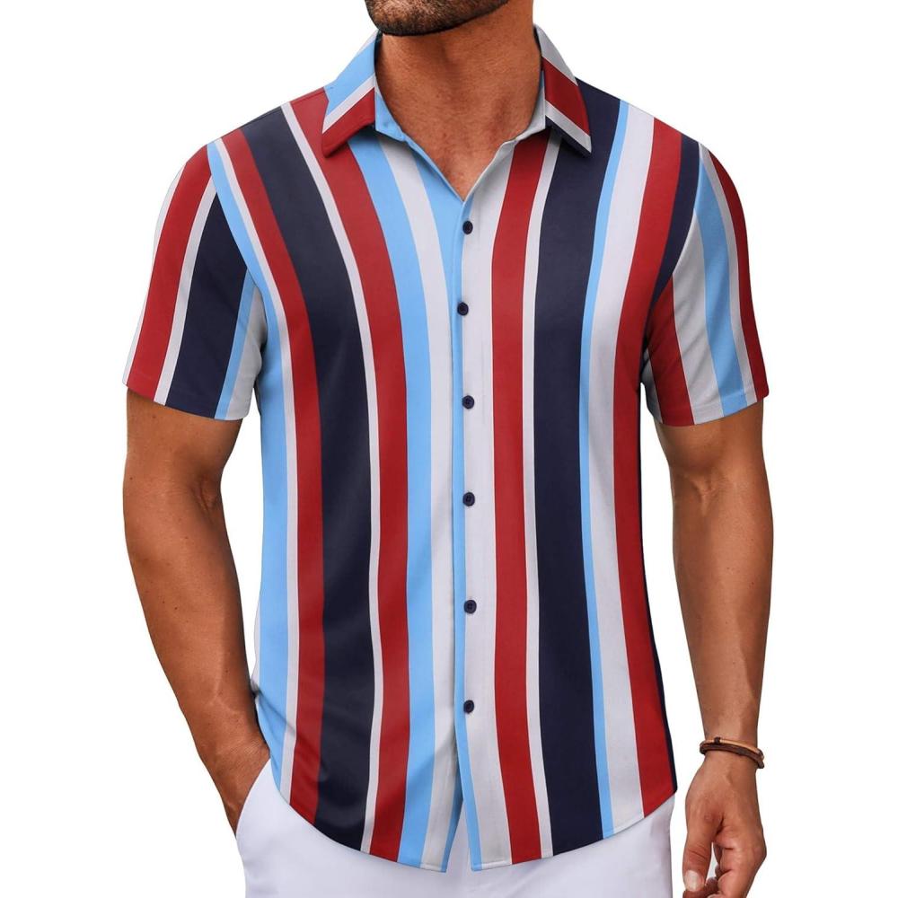 imageCOOFANDY Mens Casual Button Down Short Sleeve Shirts Untucked Wrinkle Free Shirt Stretch Dress ShirtsBluered Stripes
