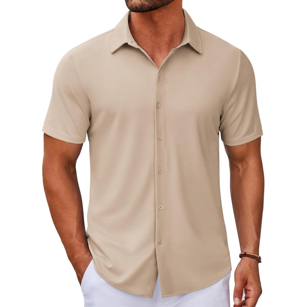 imageCOOFANDY Mens Casual Button Down Short Sleeve Shirts Untucked Wrinkle Free Shirt Stretch Dress ShirtsLight Khaki