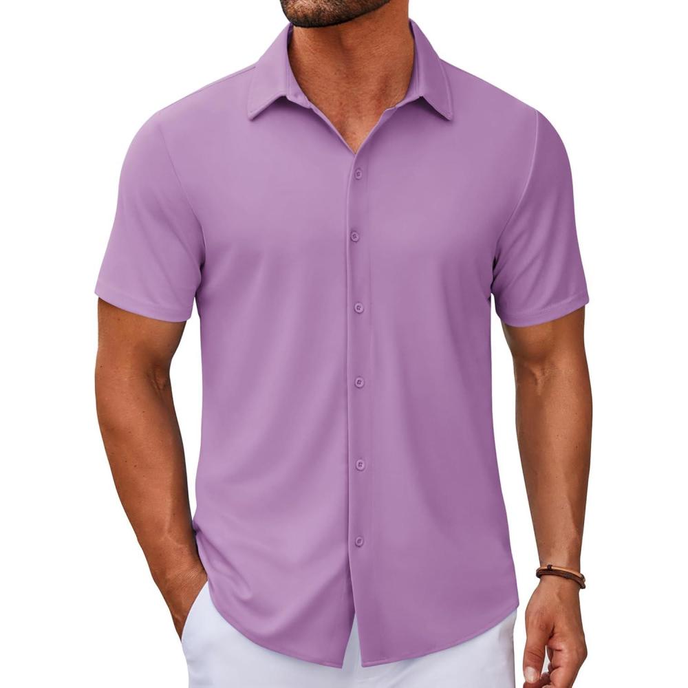 imageCOOFANDY Mens Casual Button Down Short Sleeve Shirts Untucked Wrinkle Free Shirt Stretch Dress ShirtsLilac
