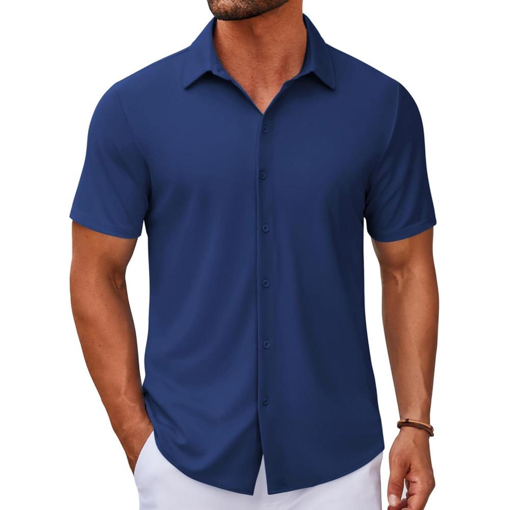imageCOOFANDY Mens Casual Button Down Short Sleeve Shirts Untucked Wrinkle Free Shirt Stretch Dress ShirtsOcean Blue