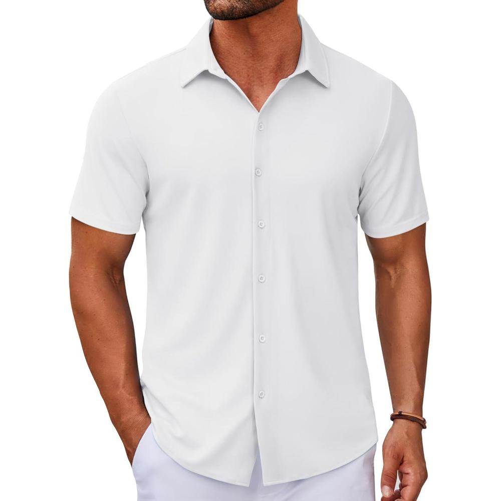 imageCOOFANDY Mens Casual Button Down Short Sleeve Shirts Untucked Wrinkle Free Shirt Stretch Dress ShirtsWhite