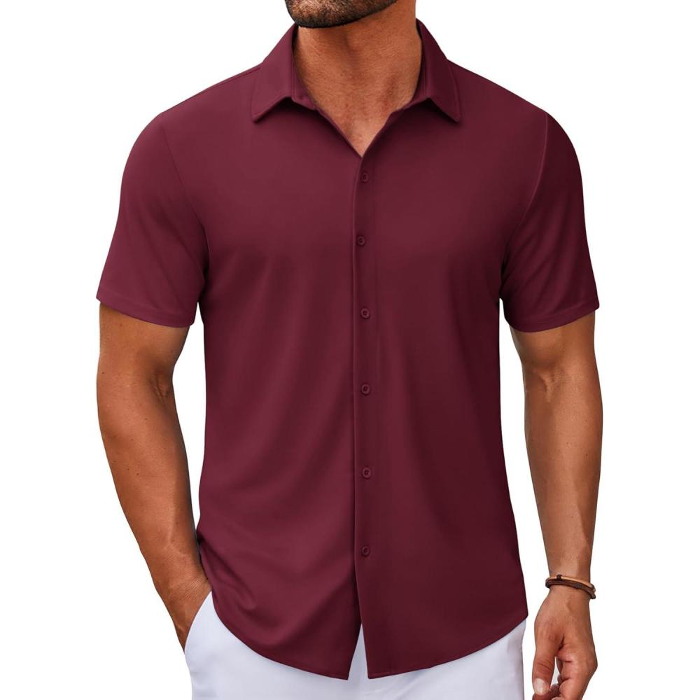 imageCOOFANDY Mens Casual Button Down Short Sleeve Shirts Untucked Wrinkle Free Shirt Stretch Dress ShirtsWine Red
