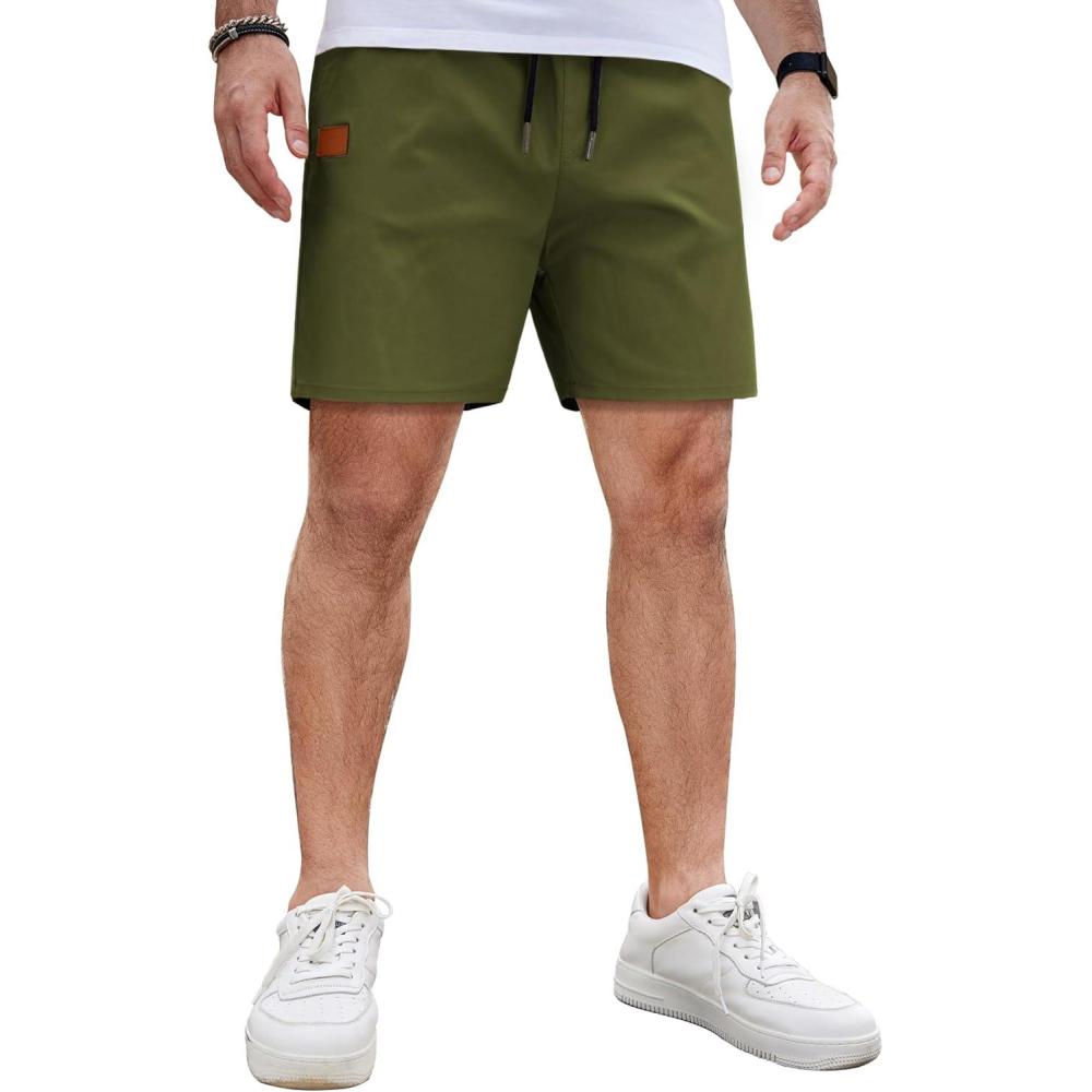 imageCOOFANDY Mens Casual Cotton Shorts 5 Inch Summer Beach Shorts Lightweight Drawstring Elastic Waist Chino Golf ShortsArmy Green
