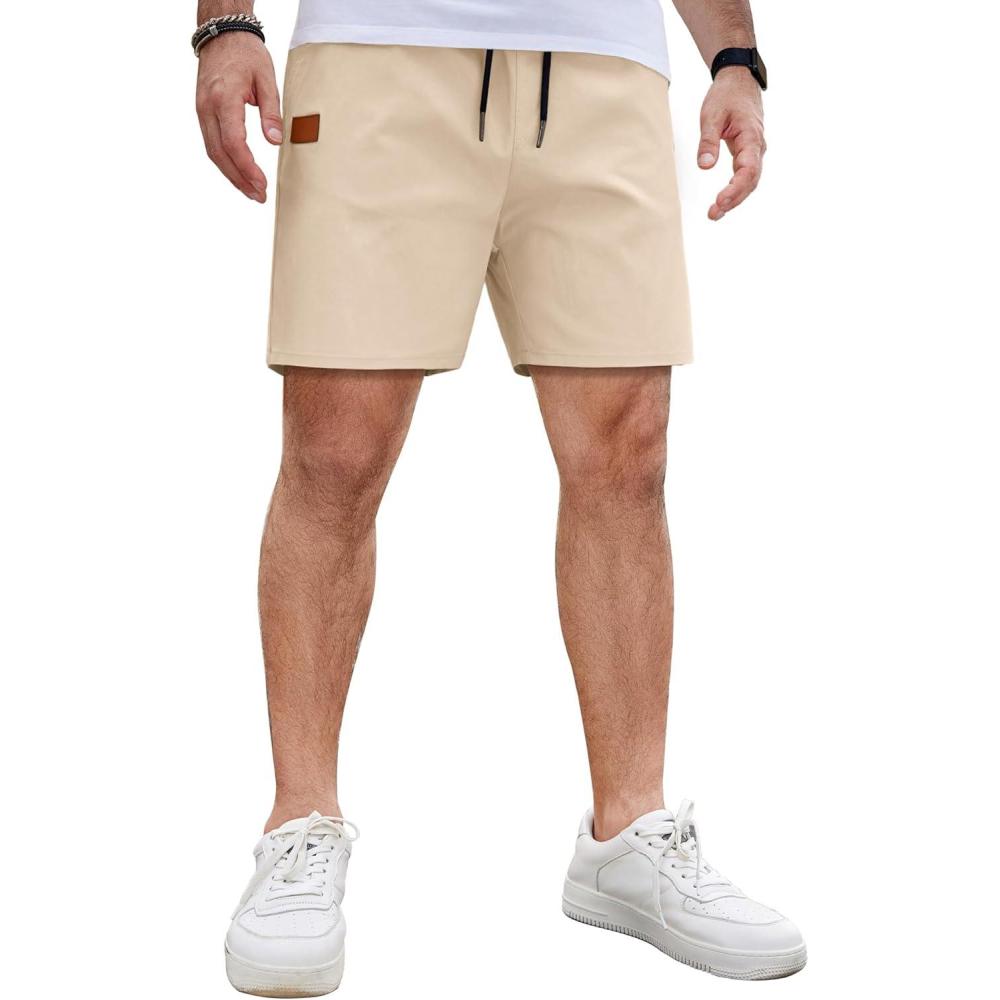 imageCOOFANDY Mens Casual Cotton Shorts 5 Inch Summer Beach Shorts Lightweight Drawstring Elastic Waist Chino Golf ShortsBeige