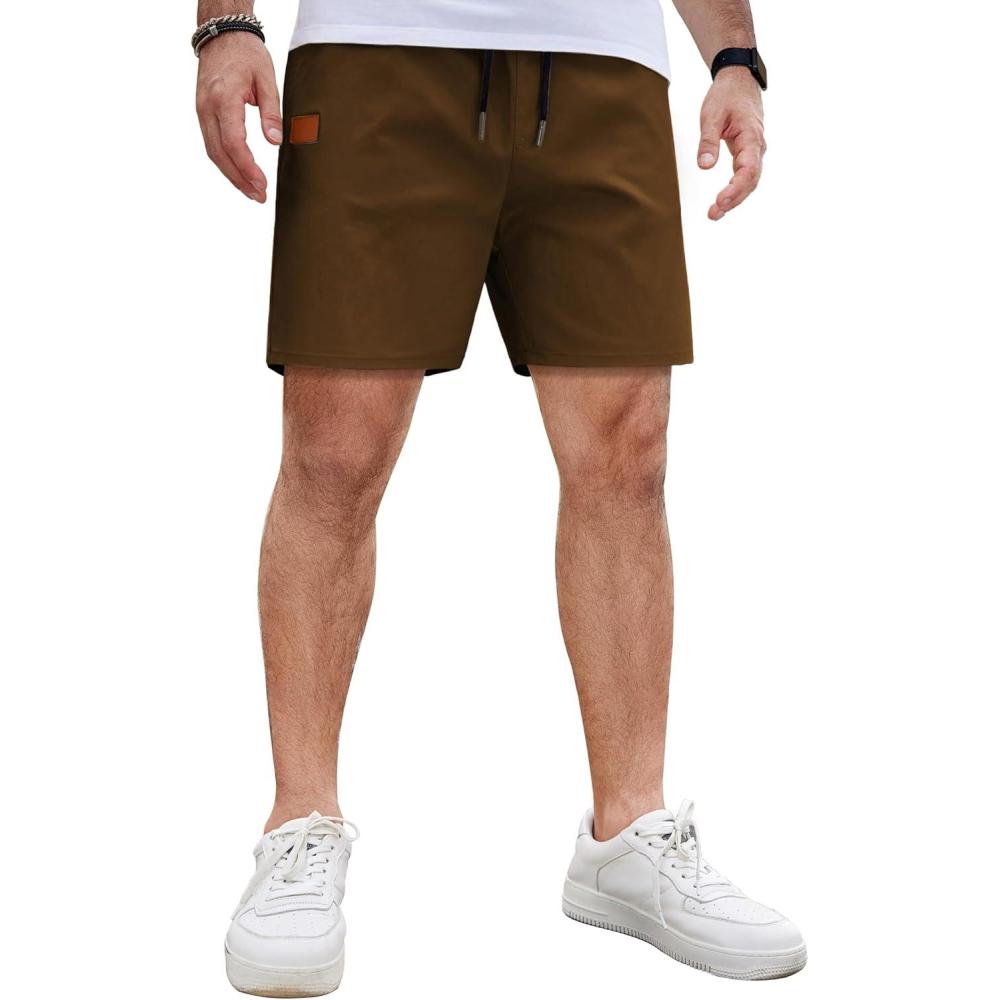 imageCOOFANDY Mens Casual Cotton Shorts 5 Inch Summer Beach Shorts Lightweight Drawstring Elastic Waist Chino Golf ShortsBrown