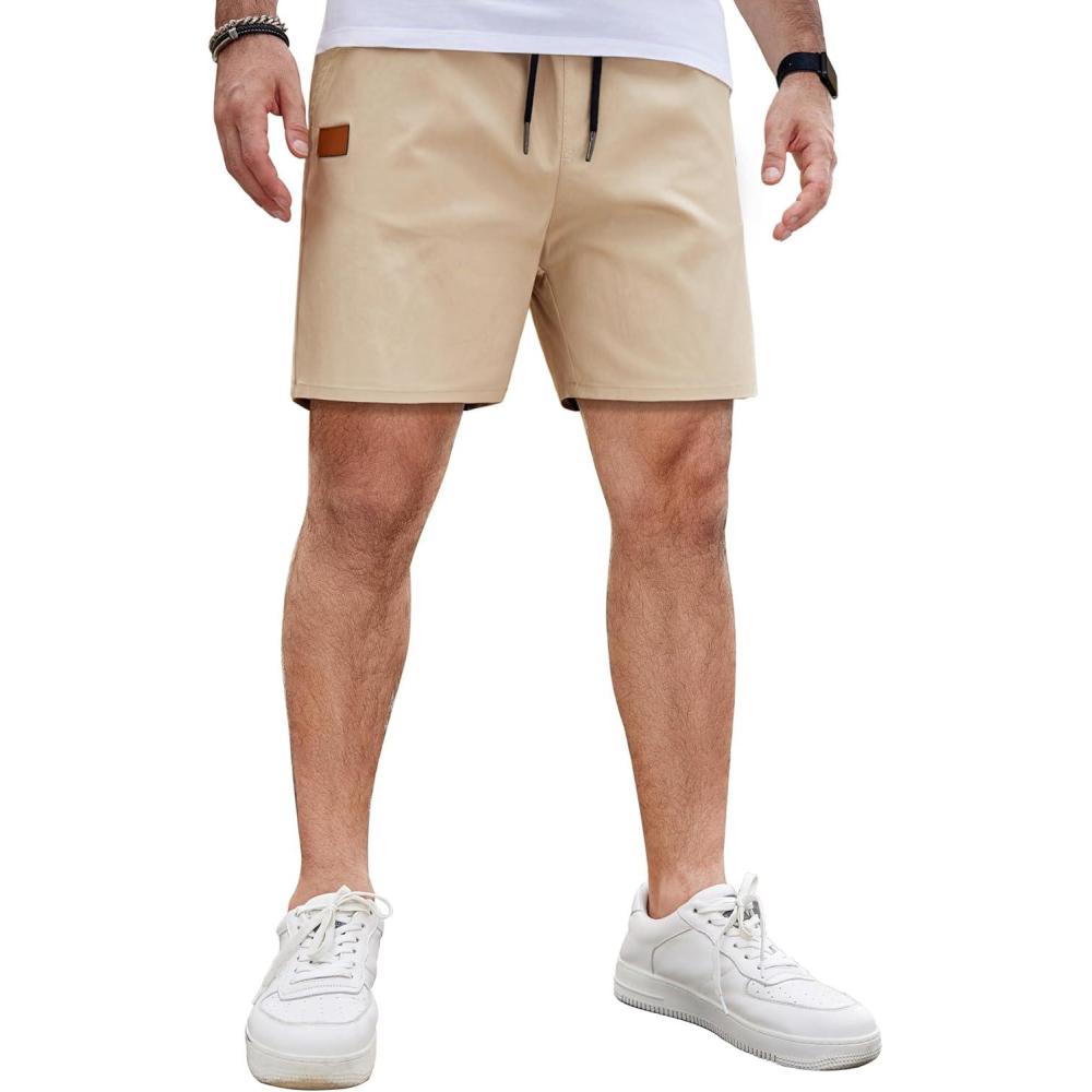 imageCOOFANDY Mens Casual Cotton Shorts 5 Inch Summer Beach Shorts Lightweight Drawstring Elastic Waist Chino Golf ShortsKhaki