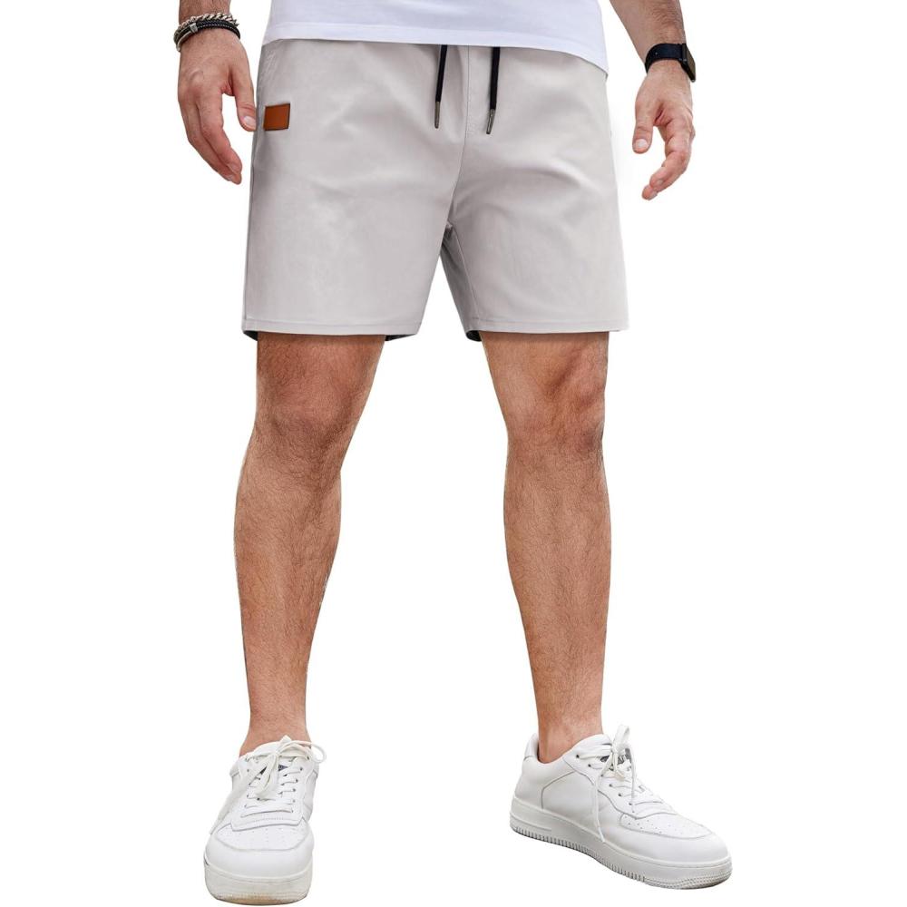 imageCOOFANDY Mens Casual Cotton Shorts 5 Inch Summer Beach Shorts Lightweight Drawstring Elastic Waist Chino Golf ShortsLight Grey