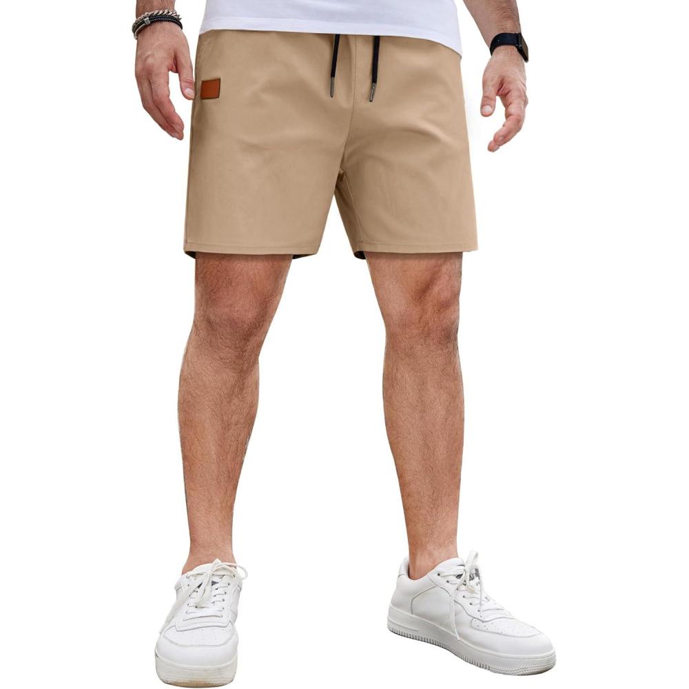 imageCOOFANDY Mens Casual Cotton Shorts 5 Inch Summer Beach Shorts Lightweight Drawstring Elastic Waist Chino Golf ShortsLight Tan