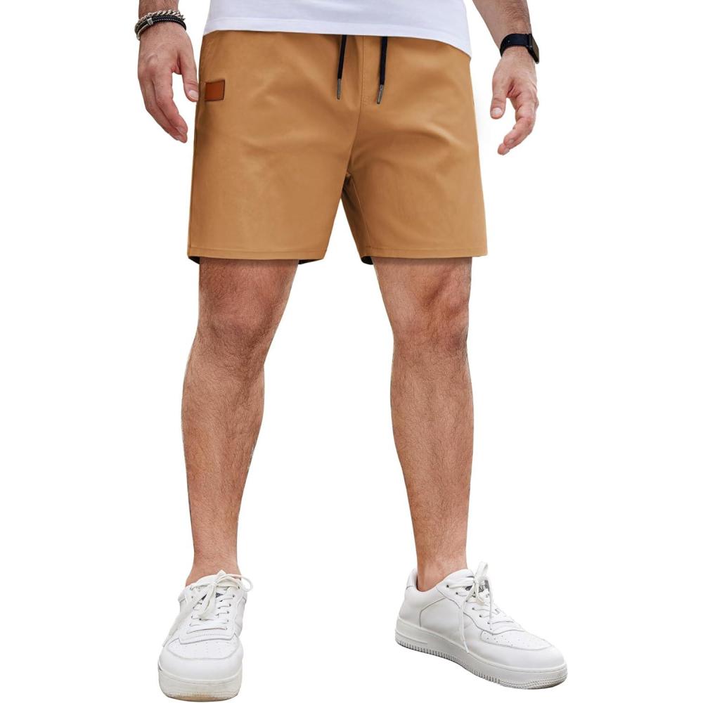 imageCOOFANDY Mens Casual Cotton Shorts 5 Inch Summer Beach Shorts Lightweight Drawstring Elastic Waist Chino Golf ShortsYellow