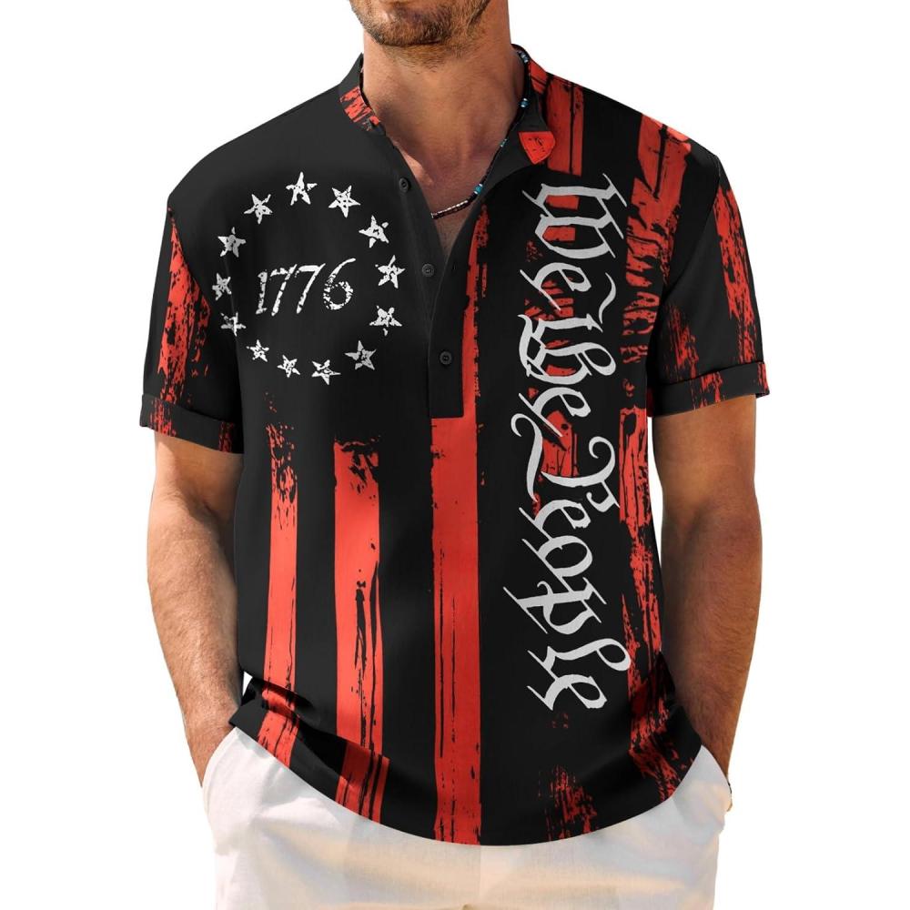 imageCOOFANDY Mens Casual Henley Shirt Band Collar Short Sleeve Shirt Summer Beach Hippie TShirt1776 Pentagram Black White Red