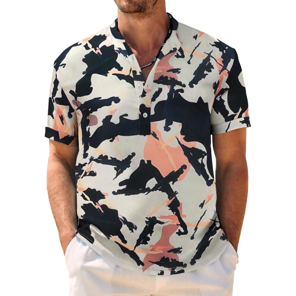 imageCOOFANDY Mens Casual Henley Shirt Band Collar Short Sleeve Shirt Summer Beach Hippie TShirtAbstract Camouflage Dark Blue Orange Apricot