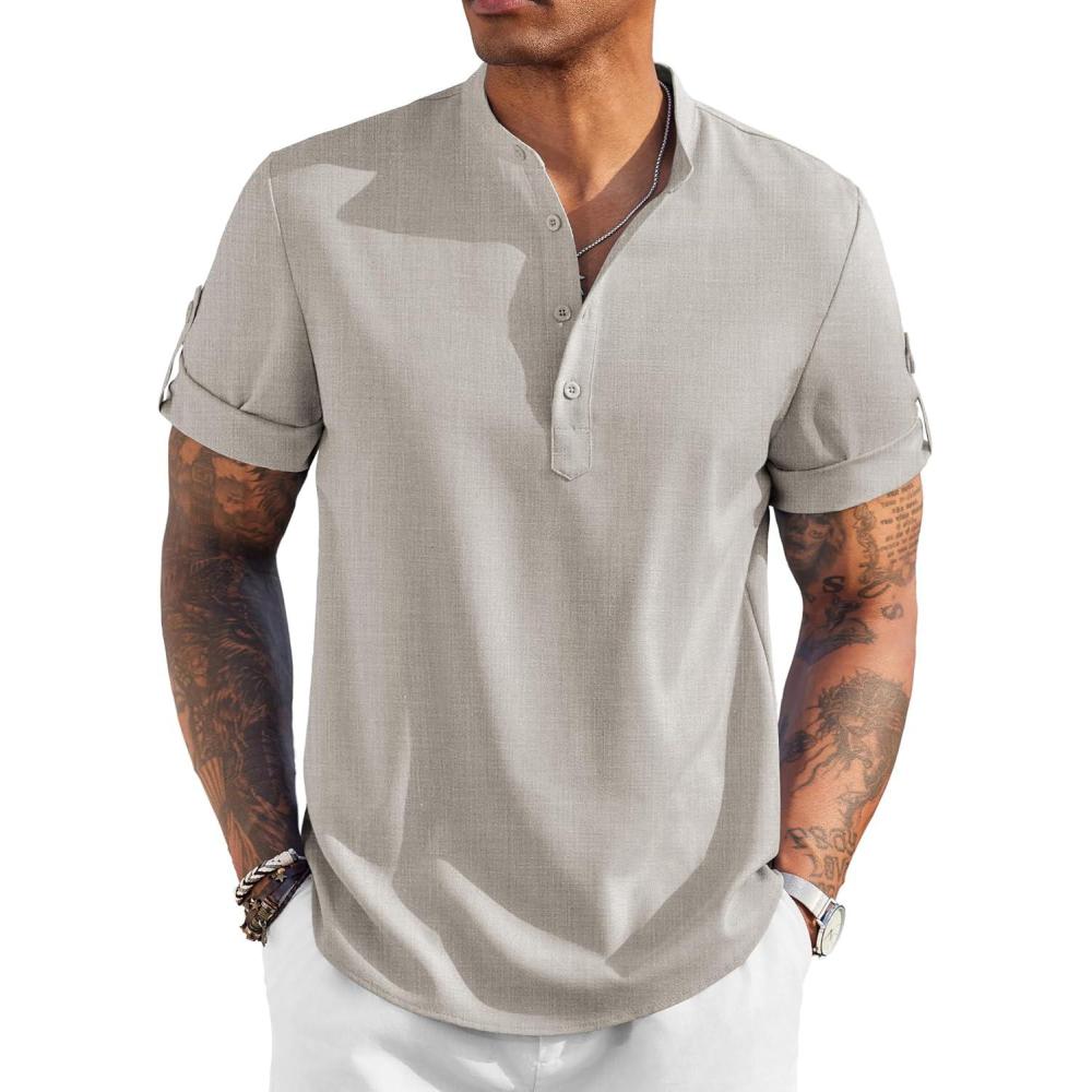 imageCOOFANDY Mens Casual Henley Shirt Band Collar Short Sleeve Shirt Summer Beach Hippie TShirtApricot