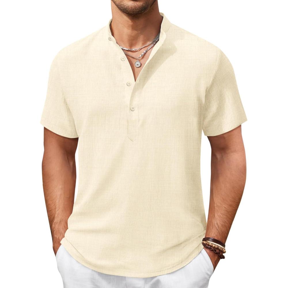 imageCOOFANDY Mens Casual Henley Shirt Band Collar Short Sleeve Shirt Summer Beach Hippie TShirtBeige