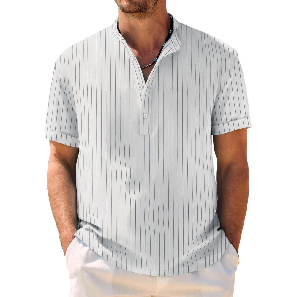 imageCOOFANDY Mens Casual Henley Shirt Band Collar Short Sleeve Shirt Summer Beach Hippie TShirtBlack Stripes on White