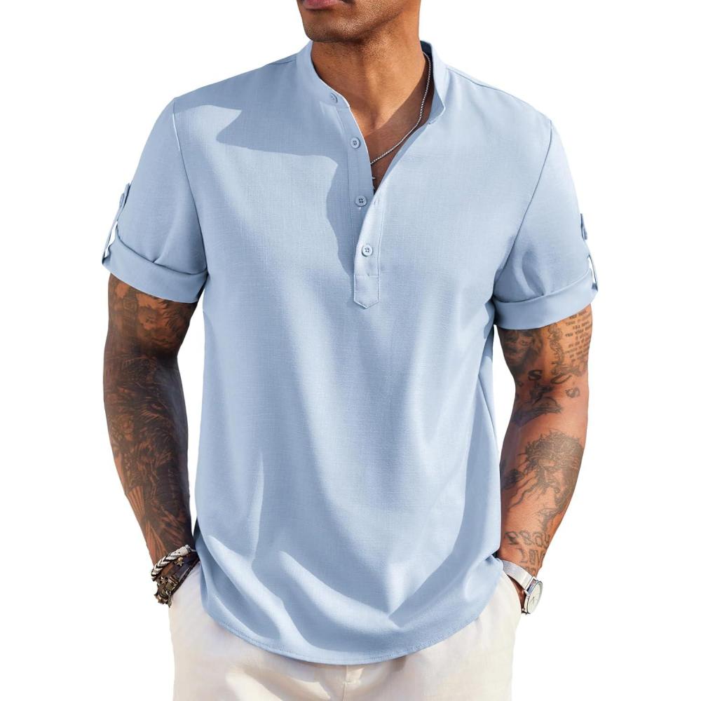 imageCOOFANDY Mens Casual Henley Shirt Band Collar Short Sleeve Shirt Summer Beach Hippie TShirtBlue