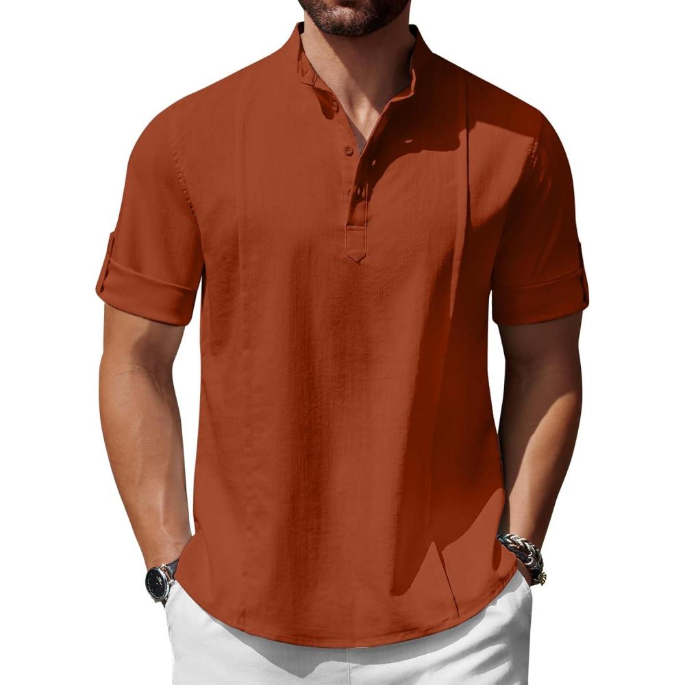 imageCOOFANDY Mens Casual Henley Shirt Band Collar Short Sleeve Shirt Summer Beach Hippie TShirtCaramel