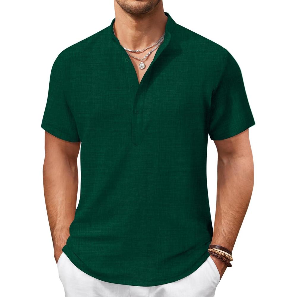 imageCOOFANDY Mens Casual Henley Shirt Band Collar Short Sleeve Shirt Summer Beach Hippie TShirtDark Green
