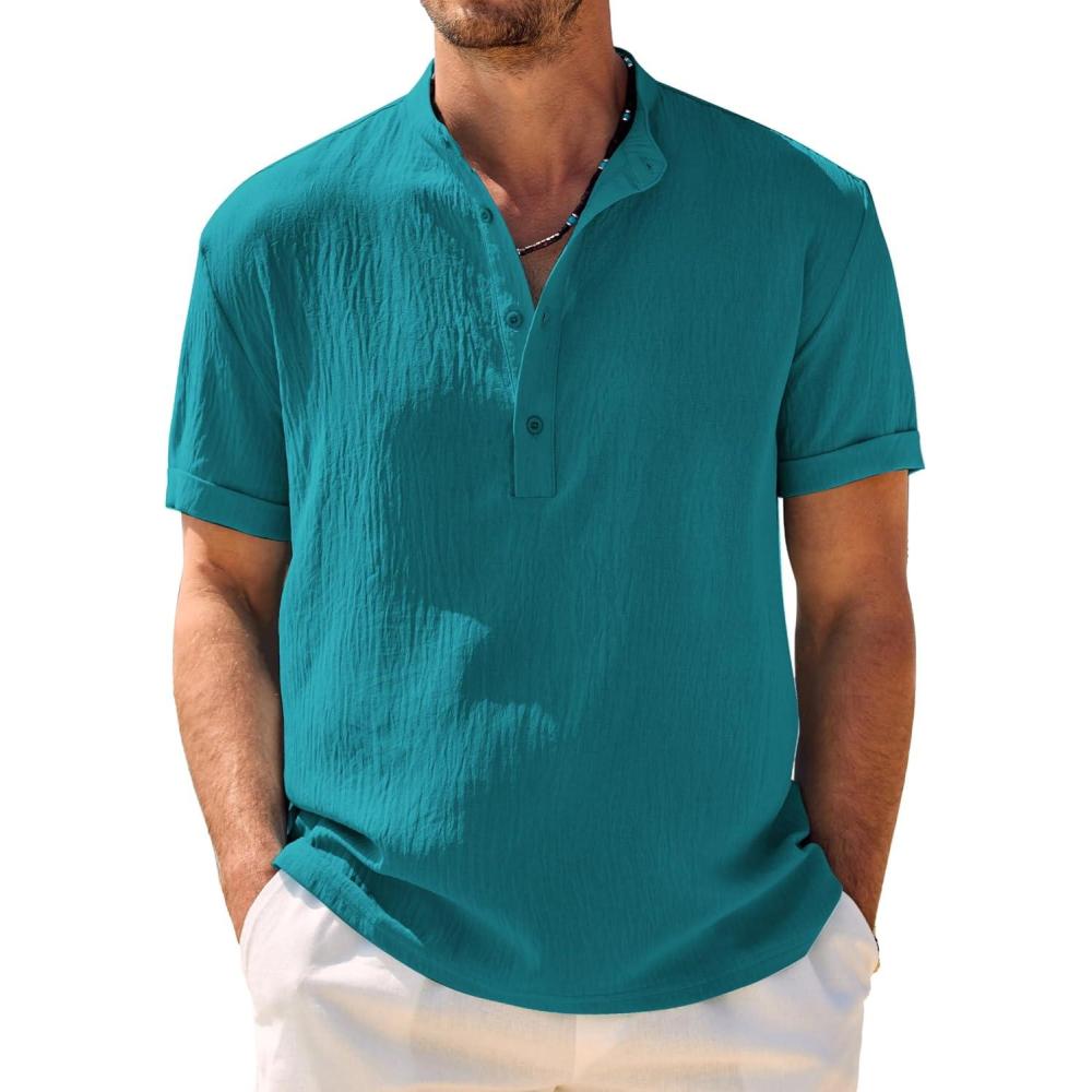 imageCOOFANDY Mens Casual Henley Shirt Band Collar Short Sleeve Shirt Summer Beach Hippie TShirtDark Peacock Blue