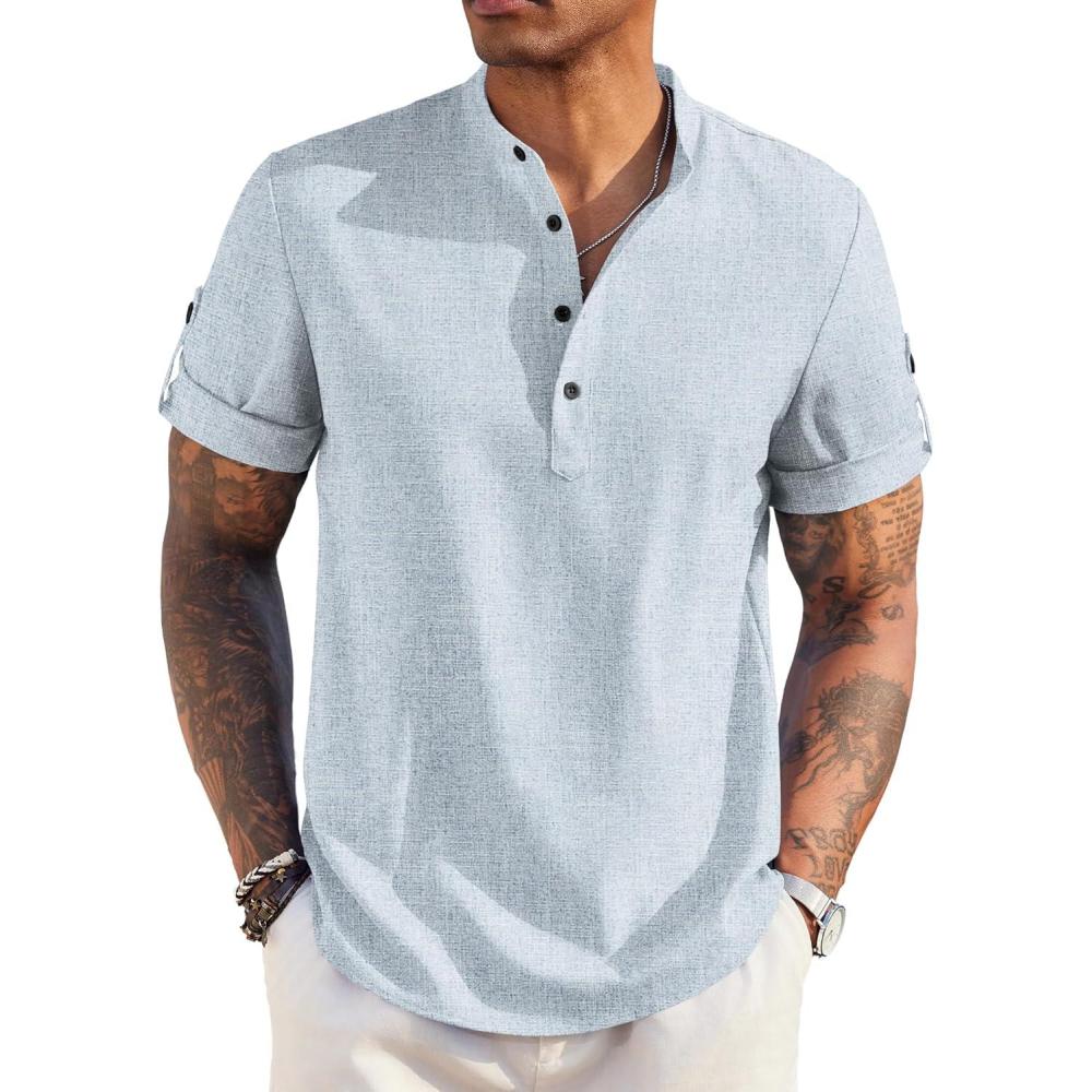 imageCOOFANDY Mens Casual Henley Shirt Band Collar Short Sleeve Shirt Summer Beach Hippie TShirtFlecking Light Blue