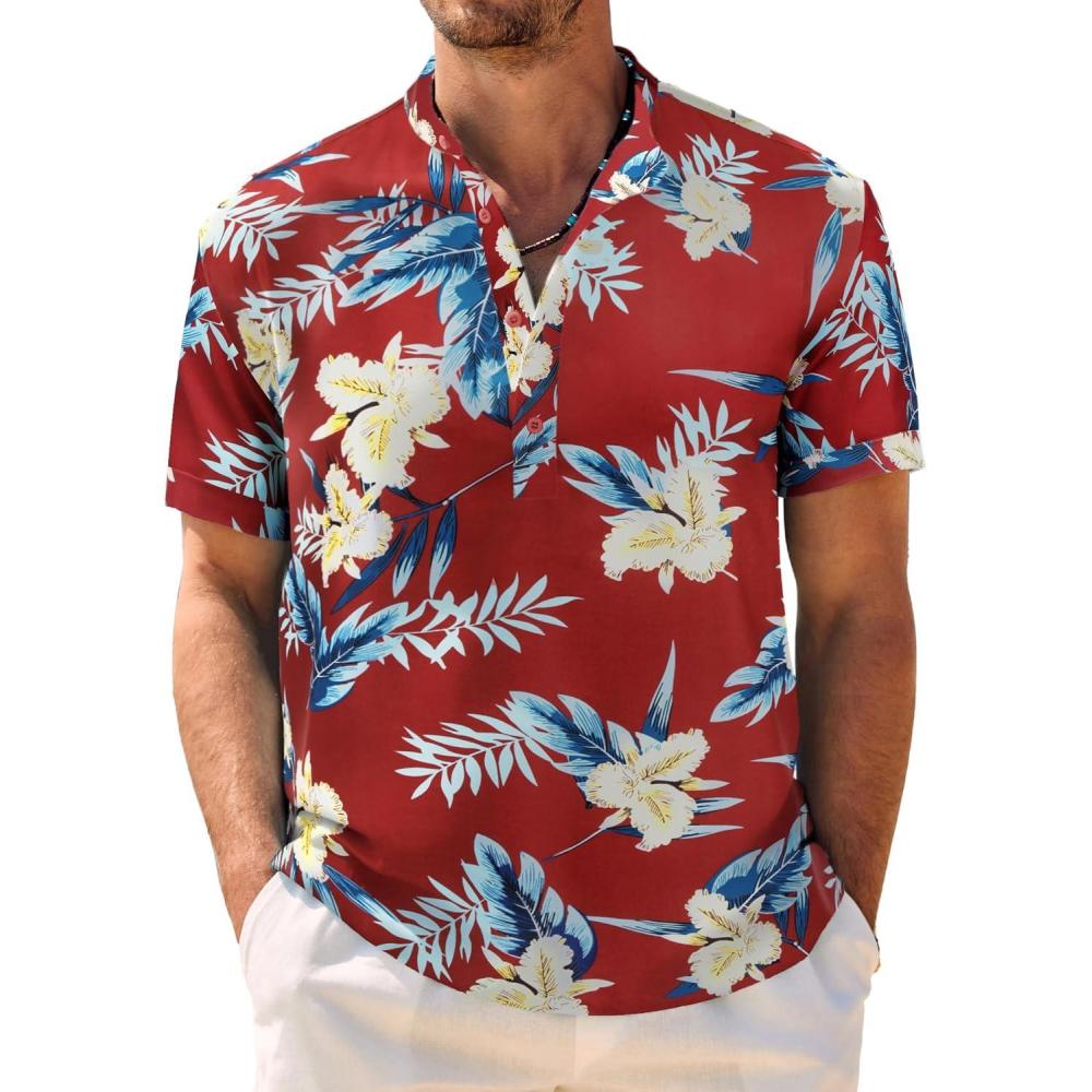 imageCOOFANDY Mens Casual Henley Shirt Band Collar Short Sleeve Shirt Summer Beach Hippie TShirtFlower Leaves  Red Blue Apricot