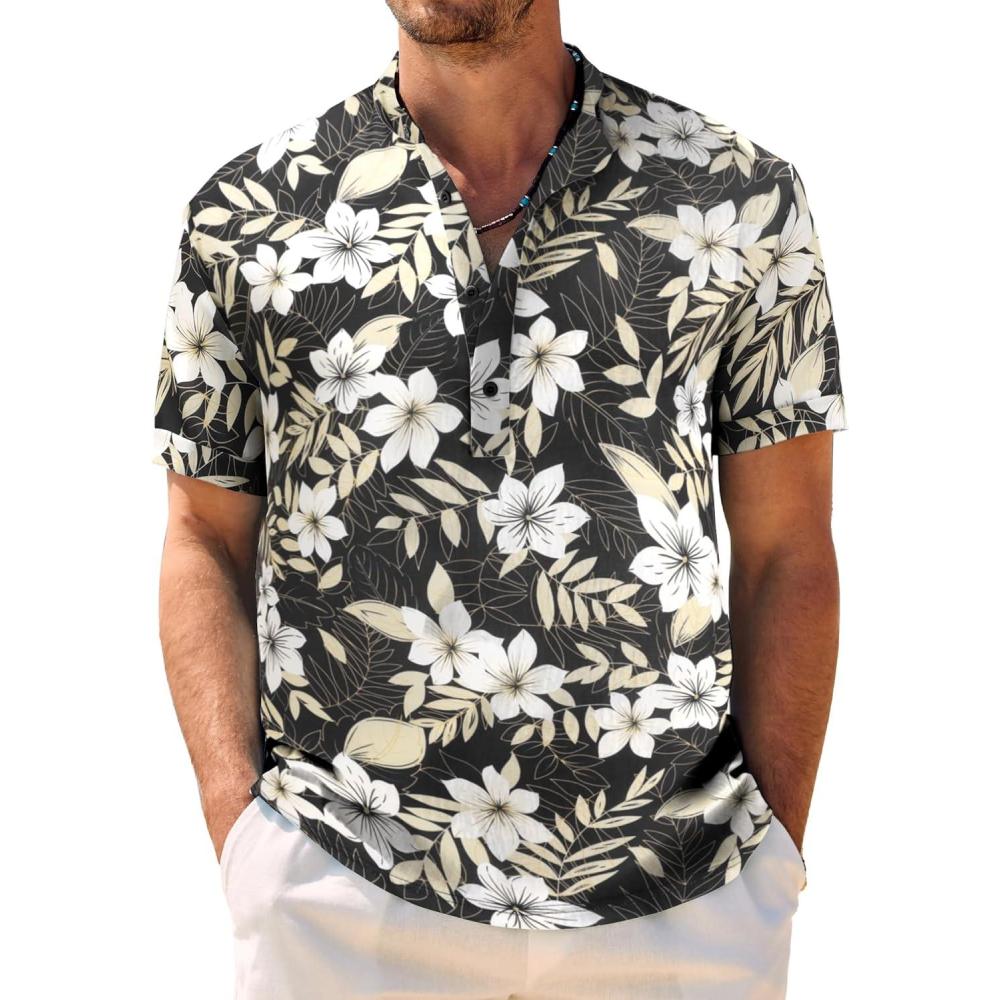 imageCOOFANDY Mens Casual Henley Shirt Band Collar Short Sleeve Shirt Summer Beach Hippie TShirtGreen White Leaves 1