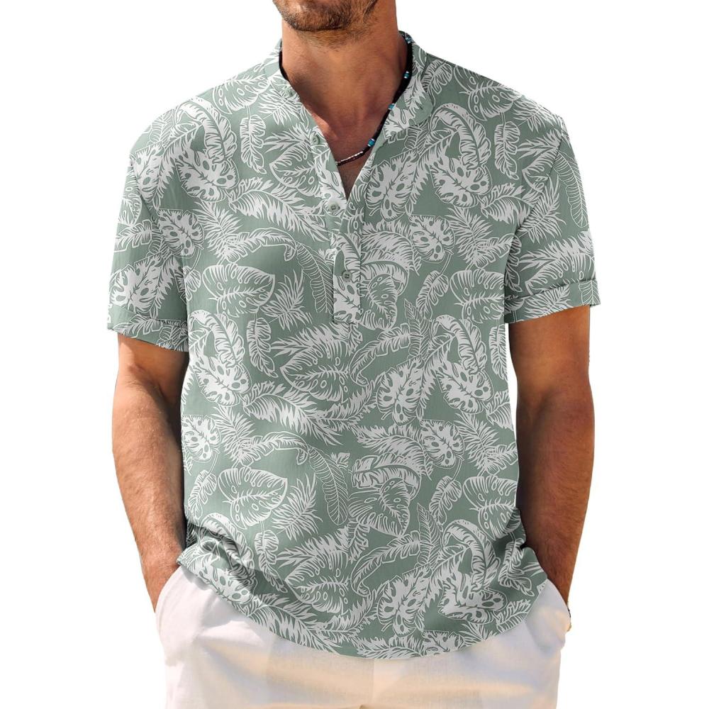 imageCOOFANDY Mens Casual Henley Shirt Band Collar Short Sleeve Shirt Summer Beach Hippie TShirtGreen White Leaves