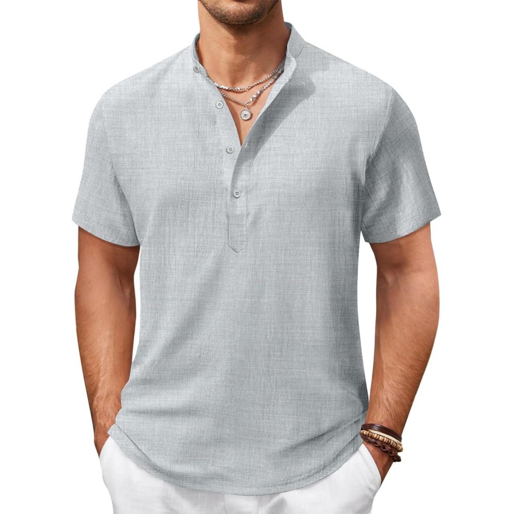 imageCOOFANDY Mens Casual Henley Shirt Band Collar Short Sleeve Shirt Summer Beach Hippie TShirtGrey