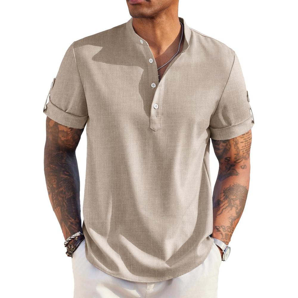 imageCOOFANDY Mens Casual Henley Shirt Band Collar Short Sleeve Shirt Summer Beach Hippie TShirtKhaki
