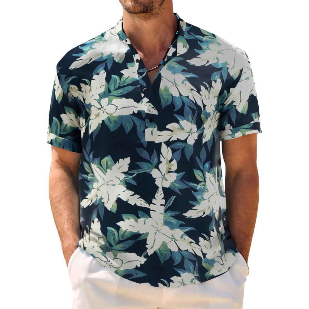 imageCOOFANDY Mens Casual Henley Shirt Band Collar Short Sleeve Shirt Summer Beach Hippie TShirtLeavesblue Beige