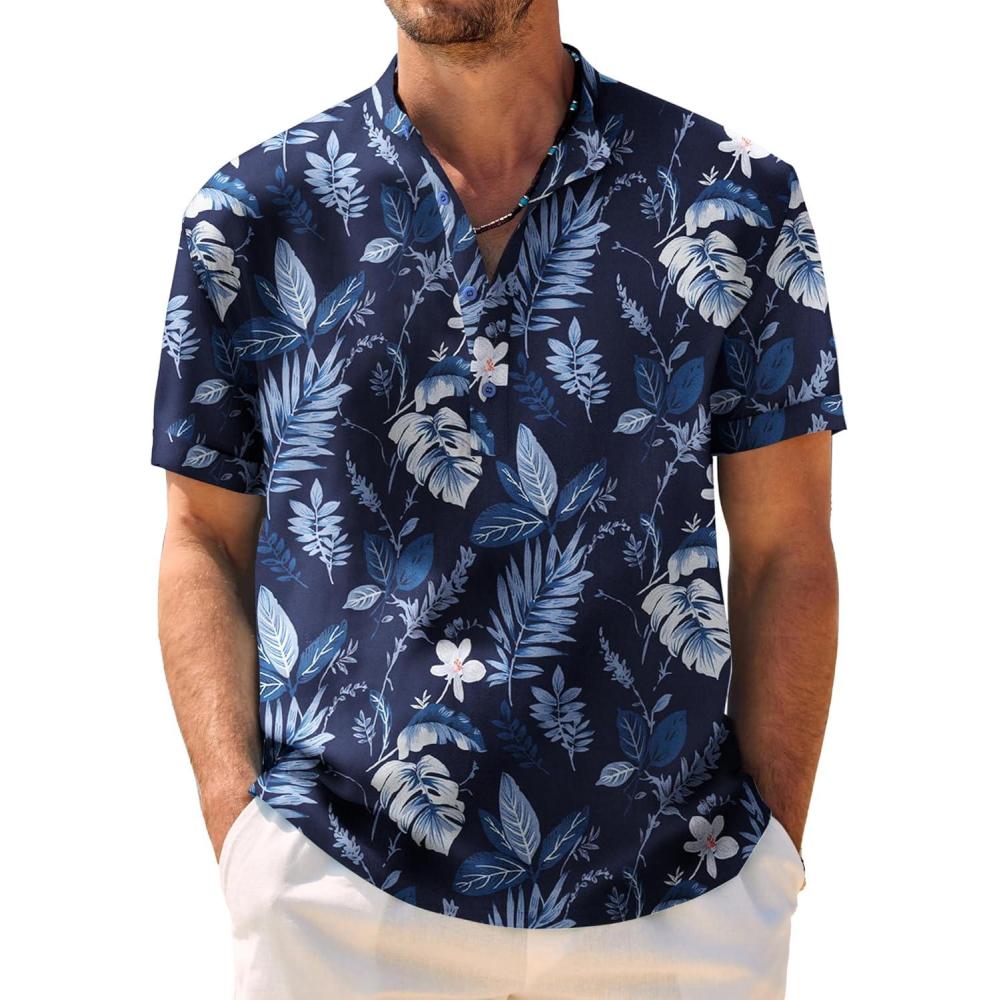 imageCOOFANDY Mens Casual Henley Shirt Band Collar Short Sleeve Shirt Summer Beach Hippie TShirtLight Blue Hawaiian Flower