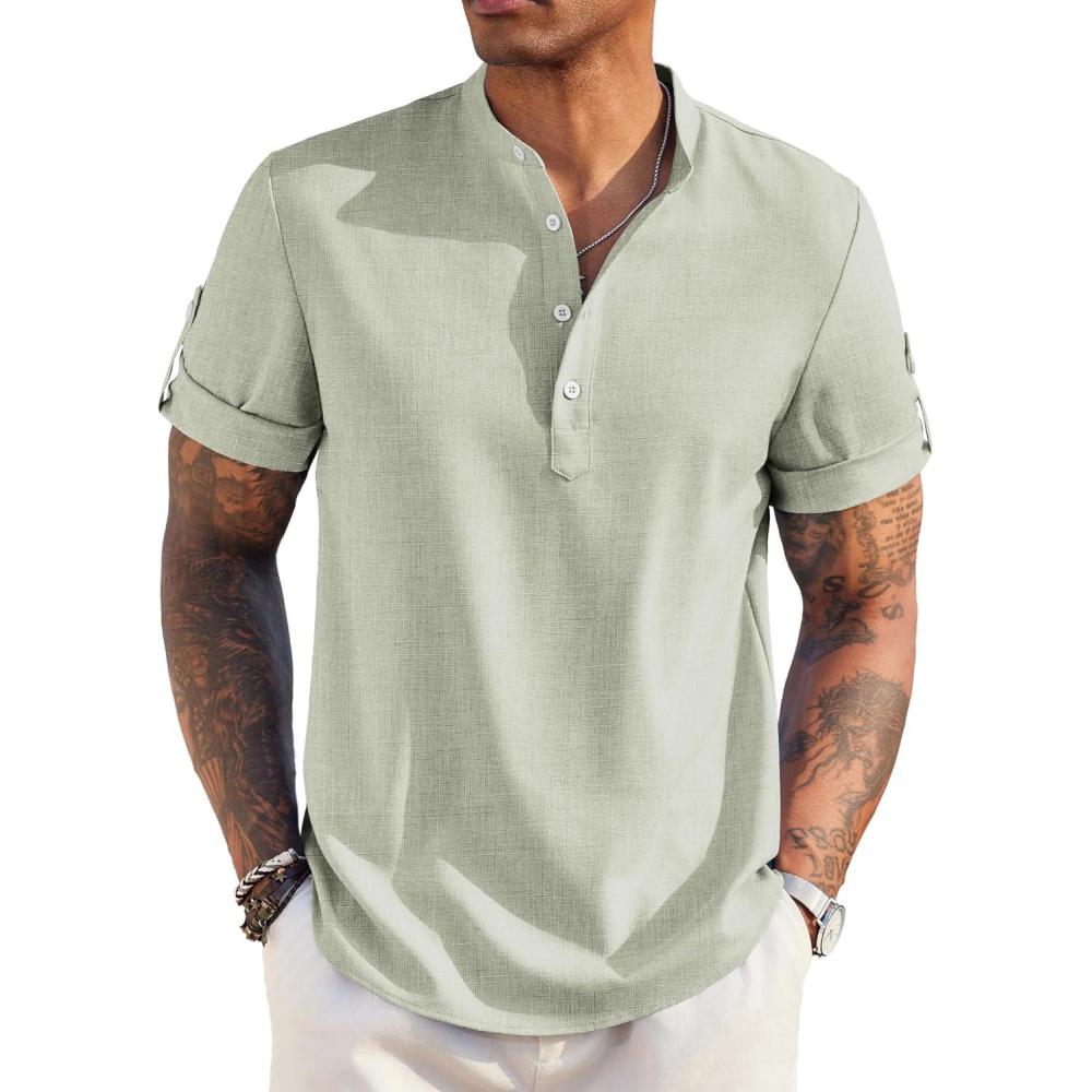 imageCOOFANDY Mens Casual Henley Shirt Band Collar Short Sleeve Shirt Summer Beach Hippie TShirtLight Green