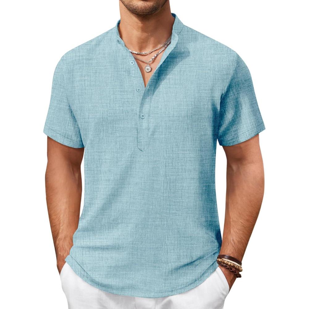 imageCOOFANDY Mens Casual Henley Shirt Band Collar Short Sleeve Shirt Summer Beach Hippie TShirtLight Ice Blue