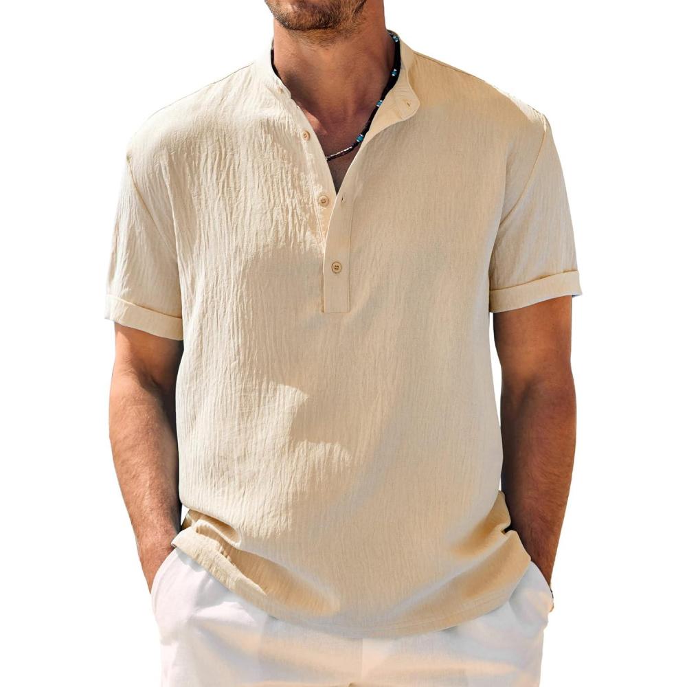imageCOOFANDY Mens Casual Henley Shirt Band Collar Short Sleeve Shirt Summer Beach Hippie TShirtLight Khaki