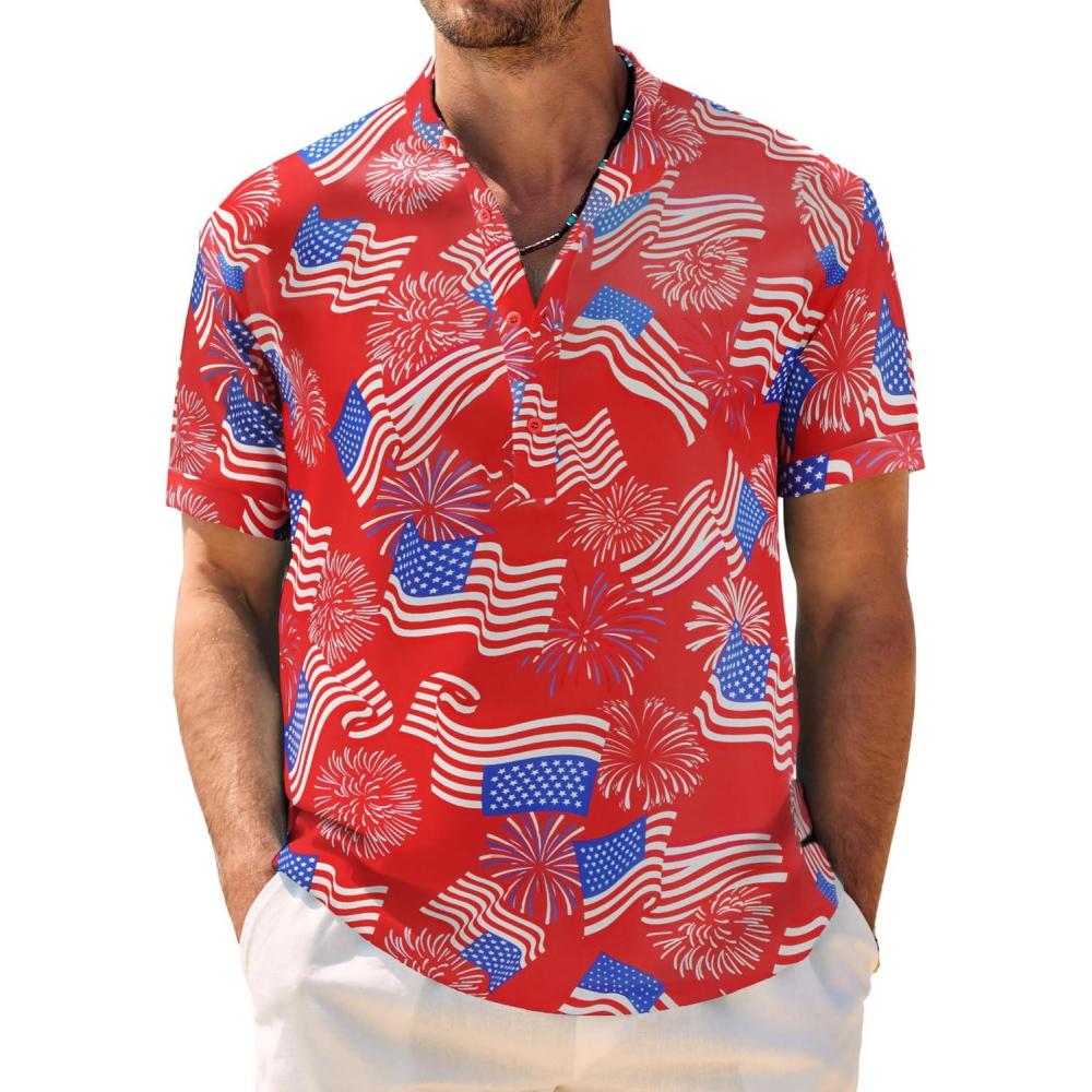 imageCOOFANDY Mens Casual Henley Shirt Band Collar Short Sleeve Shirt Summer Beach Hippie TShirtNational Flag Fireworks  Red White Blue